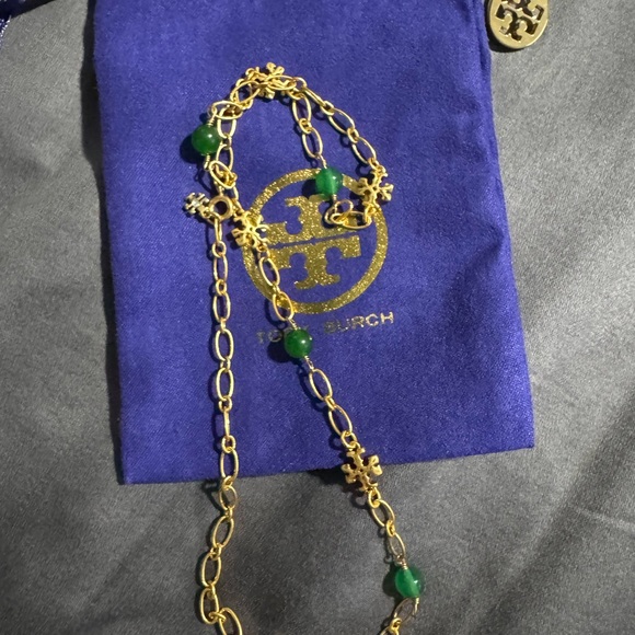 Tory Burch Elegant Gold and Green Gemstone Necklace - Picture 8 of 15